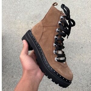 Steve Madden Rainier Tan Suede Faux Fur Lug Sole Combat Boots RAIN15S1 Womens 6M